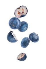 Many fresh ripe blueberries falling on white background