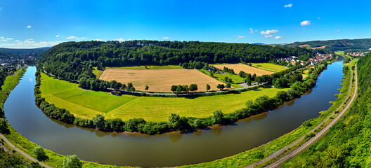 Aerial view of the river Weser between Beverungen and Karlshafen, Germany, with fields and meadows,...