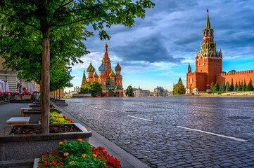Saint Basil's Cathedral, Spasskaya Tower and Red Square in Moscow, Russia. Architecture and landmarks of Moscow.