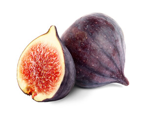 Cut and whole fresh figs on white background