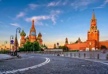 Saint Basil's Cathedral, Spasskaya Tower and Red Square in Moscow, Russia. Architecture and...