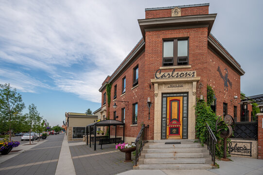 High River, Alberta - August 31, 2020: Businesses in the historic centre of High River in Alberta, Canada. High River is a beautiful country city on the prairies.