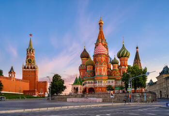 Fototapeta na wymiar Saint Basil's Cathedral, Spasskaya Tower and Red Square in Moscow, Russia. Architecture and landmarks of Moscow.