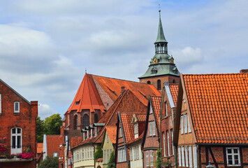 Ancient houses and church tower of Luneburg, Germany