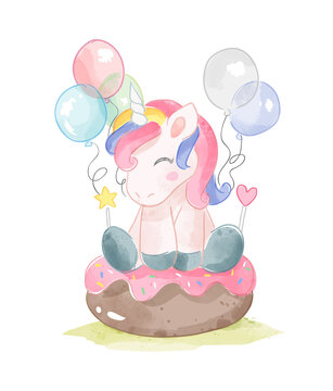 Cute Unicorn Sitting on Donuts Cake and Balloons Illustration