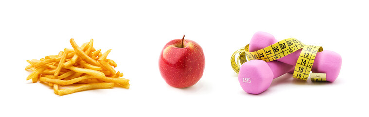 A set of elements on the theme of a healthy lifestyle, diet, exercise. Choose between fast food and healthy food. Potato fry, apple, centimeter tape, dumbbells.