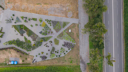 Fragments of modern design from landscaping in the garden, park, square, recreation area. Making by drone from above