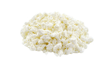 Fresh crumbly cottage cheese isolated on white background. dairy product. heap. Healthy low fat...