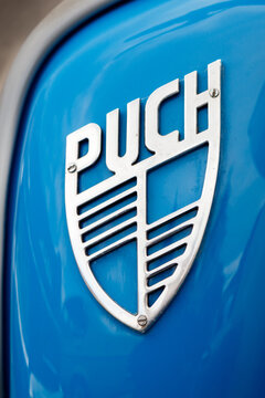 Emblem of a Puch DS 50 motorcycle at the eMotionen event on April 23, 2017 in Ludwigsburg, Germany