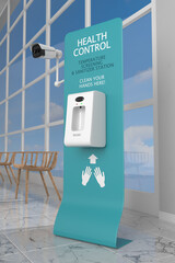 Hospital, airport, school, mall entrance, hand sanitizer station, temperature screening with infrared thermal camera, health control checkpoint