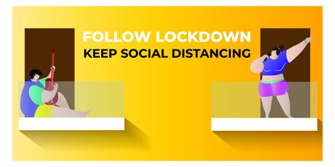 VECTOR ILLUSTRATION FOR BACKGROUND OF FOLLOW LOCK DOWN AND KEEP SOCIAL DISTANCING TO AVOID DEADLY CORONA VIRUS SPREAD.