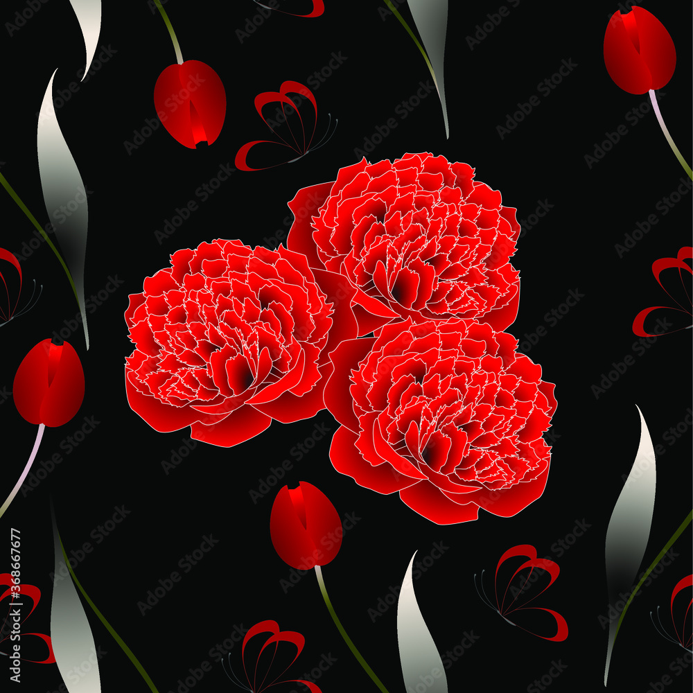 Canvas Prints seamless background with red peonies and tulips with butterflies on a black background.
