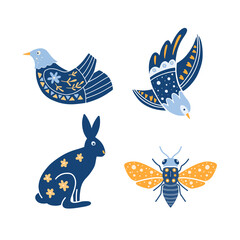 Set of Folk art cliparts in Scandinavian and Nordic style