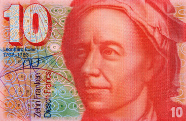 Leonard Euler Portrait from Switzerland 10 Franken (Francs) 1980 Banknotes. An Old paper banknote, vintage retro. Famous ancient Banknotes. Collection.. - obrazy, fototapety, plakaty