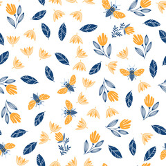 Seamless pattern with butterflies and bees, flowers, insects on white