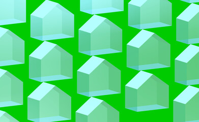 Group of houses drawn in a schematic way with linear and transparent elements, in 3D three-dimensional perspective, Houses arranged in an orderly way, with green background.