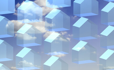 Fototapeta premium House, in 3D three-dimensional perspective, with transparent elements, shadows and background of sky and clouds