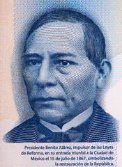 Benito Juarez, 26th President of Mexico, Portrait from Mexico 500 Pesos 2017 Banknotes. .