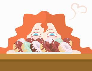 Red-haired curly girl looks forward to a meal of fresh and sweet donuts on a plate.