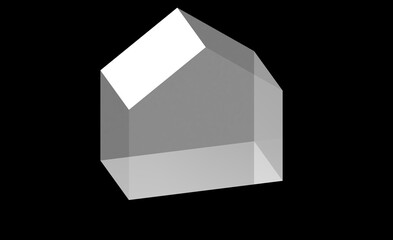 3D house drawn in three-dimensional form, with simple linear, transparent elements. Crystal effect house with black field background.