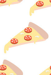 Seamless pattern of a slice of pepperoni pizza with dripping cheese.