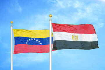 Fototapeta na wymiar Venezuela and Egypt two flags on flagpoles and blue sky