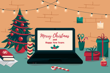 Christmas workplace. New Year workplace interior. Christmas office desk. Office and homework, freelancers workspace. Flat style vector illustration.
