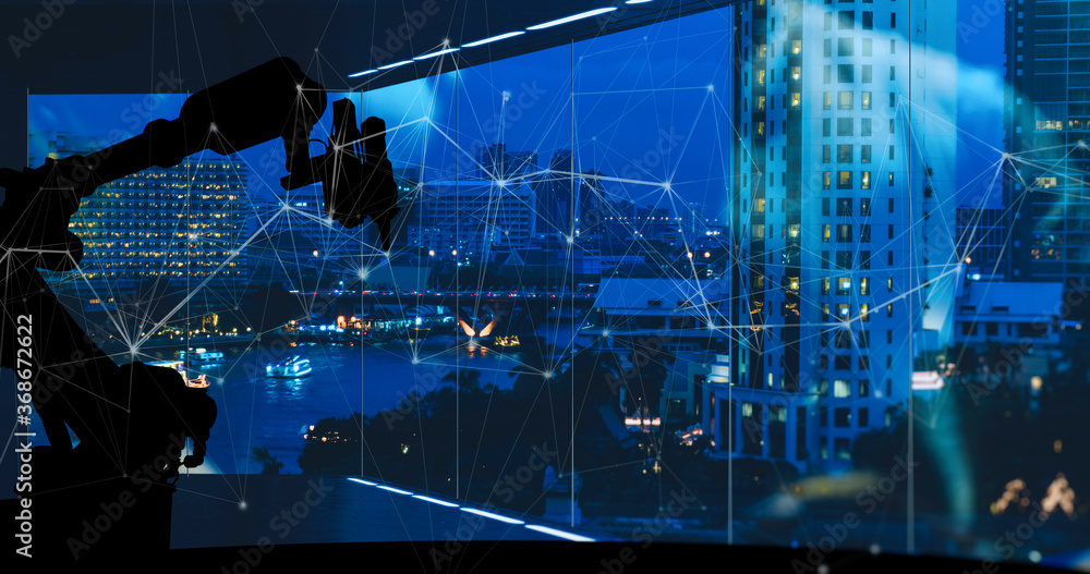 Poster Silhouette of modern automation robot arms with Ai assistant technology network concept and metropolis city building background.