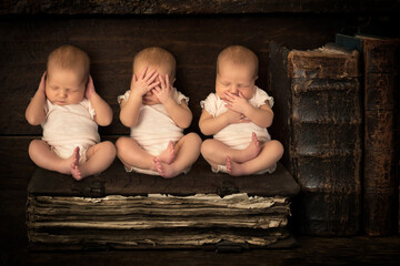 Three sleeping newborn babies doing the hear see speak no evil gestures while sitting on a stack of...