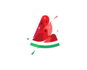 A piece of watermelon colorful modern minimal style illustration. Creative icon logo splash concept explosion with drops. Fresh berry fruit logo emblem symbol logotype.