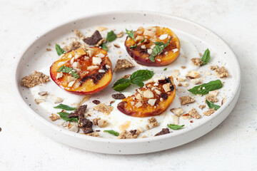 Grilled peaches, apricots, nectarines,  yogurt, mint and nuts