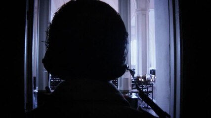 Man walking entering church Building WW2 Soldier Mysterious Mood Mystery Drama 101st Airborne Division US Soldier Military Army USA Normandy D-day Veterans Day Memorial Day Medic