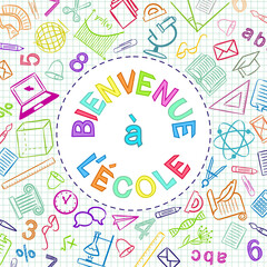 French Back to School color text written in round frame. Blank for school banner, presentation, template. Education vector illustration. Multicolored Doodle school icons. Translation: Back to School