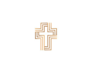 Abstract Christian linear gold gradient cross logo isolated on a dark background. Universal church religion faith sign simbol logotype