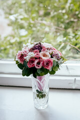 bride's bouquet, wedding bouquet, bouquet of fresh flowers, stands on the table, flower arrangement in the shape of a ball, wedding Floristics