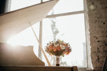 bride's bouquet, wedding bouquet, bouquet of fresh flowers, stands on the table, flower arrangement in the shape of a ball, wedding Floristics
