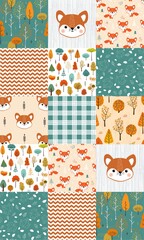 Seamless background pattern imitation of a patchwork pattern . Includes:autumn forest, trees, Fox, zigzag, leaves, muzzle, forest, animal, children.Vector illustration.