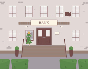 Facade of the bank with girl standing near ATM. Entrance with classic brick porch with steps and surveillance cameras to financial institution.Modern landscape design. Vector illustration