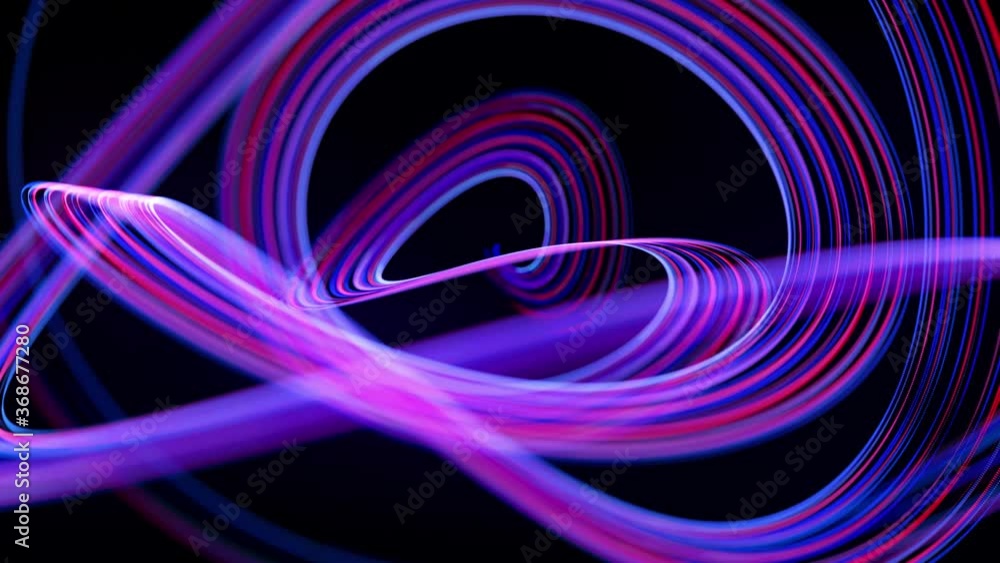 Poster Light flow bg in 4k. Abstract looped background with light trails, stream of red blue neon lines in space move to form looped spiral shapes. Modern trendy motion design background. Light effect,