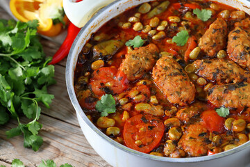 Fish meatballs in tomato sauce. Meatballs with a side dish of green beans and vegetables in tomato sauce 
close-up in a plate on the table. horizontal
