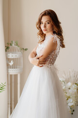 Fototapeta premium sad bride in wedding dress nervous about ceremony.