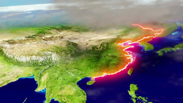 3D CGI Map of China With Mountain Relief, Depth of Field & Chinese Asian Borders Traced with Red Glow