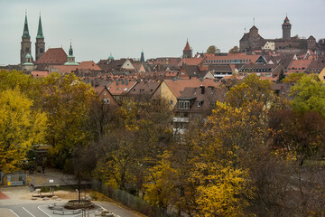 Obraz premium View at historical center of old German city Nuremberg and Nuremberg castle, Germany. November 2014