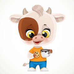 Cute cartoon baby calf with cookies and a cup of milk isolated on a white background