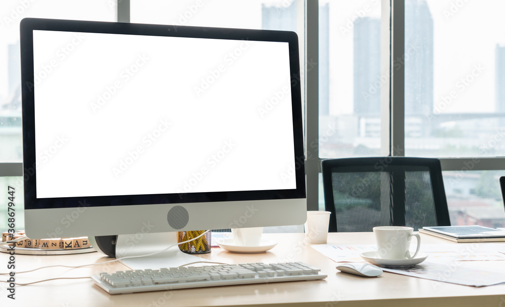Aufkleber empty computer monitor screen for design mock up template in modern small office interior or home of