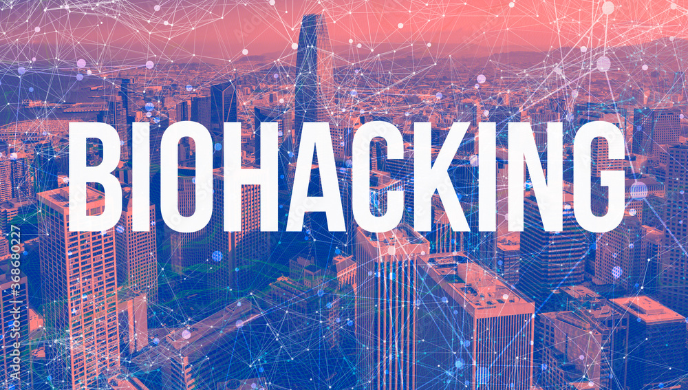 Poster biohacking theme with abstract network patterns and downtown san francisco skyscrapers