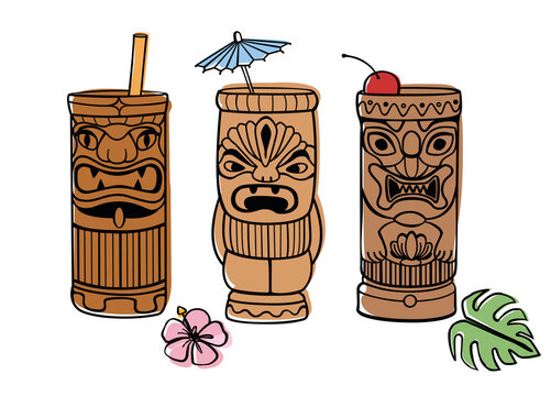 Tiki cocktail set hawaii party - isolated, editable vector illustration