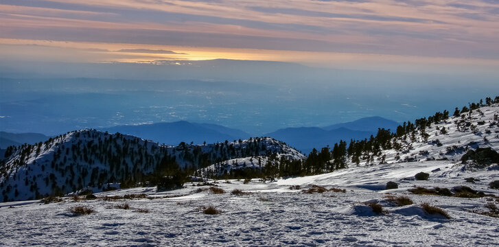 Sunset views of Angeles National Forest from Mount Baldy Summit, San Bernardino County, California