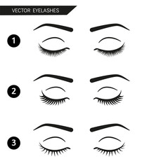 Set of different beautiful vector eyelashes and eyebrows. Closed eyes simple illustration