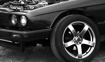 Car wheel. High-speed track. Road
